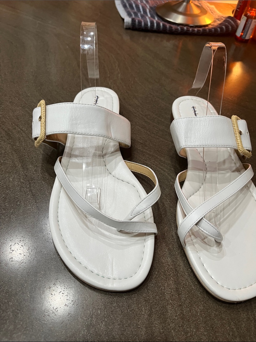 Talbots White Strappy Slide Sandals with Gold Buckle